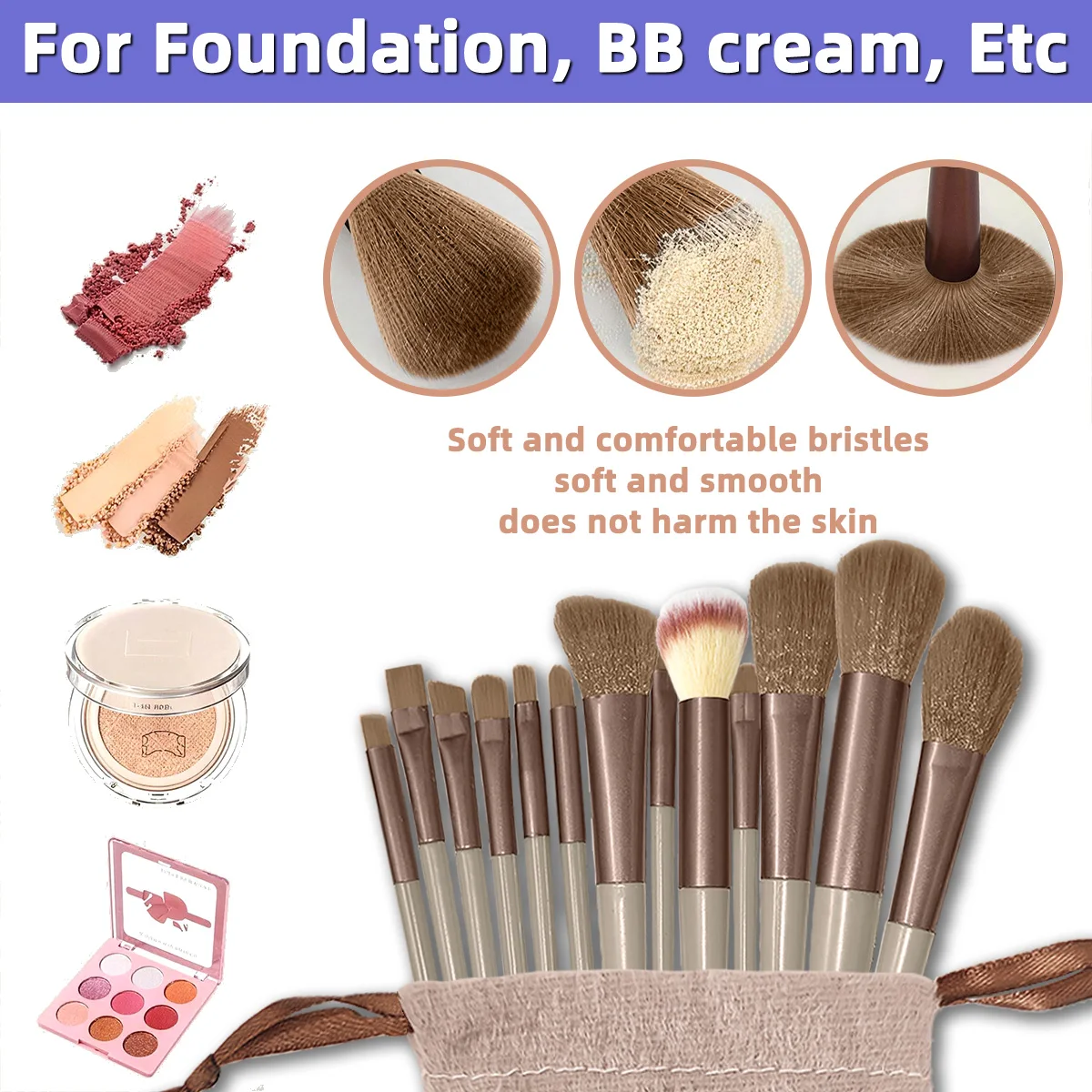 Set di 13 Pennelli per Trucco Viso, Kit di Pennelli Cosmetici Sintetici Morbidi per Fondotinta, Cipria, Ombretto e Sfumatura, con Borsa da Viaggio - immagine 3