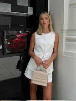 بدلة نسائية بصدر واحد ، أطقم شورت أنيقة ، توبات صدرية ربيعية ، شورت بسحاب ضيق ، بدلات نسائية للمكتب ، ياقة دائرية ، صيف ، 1