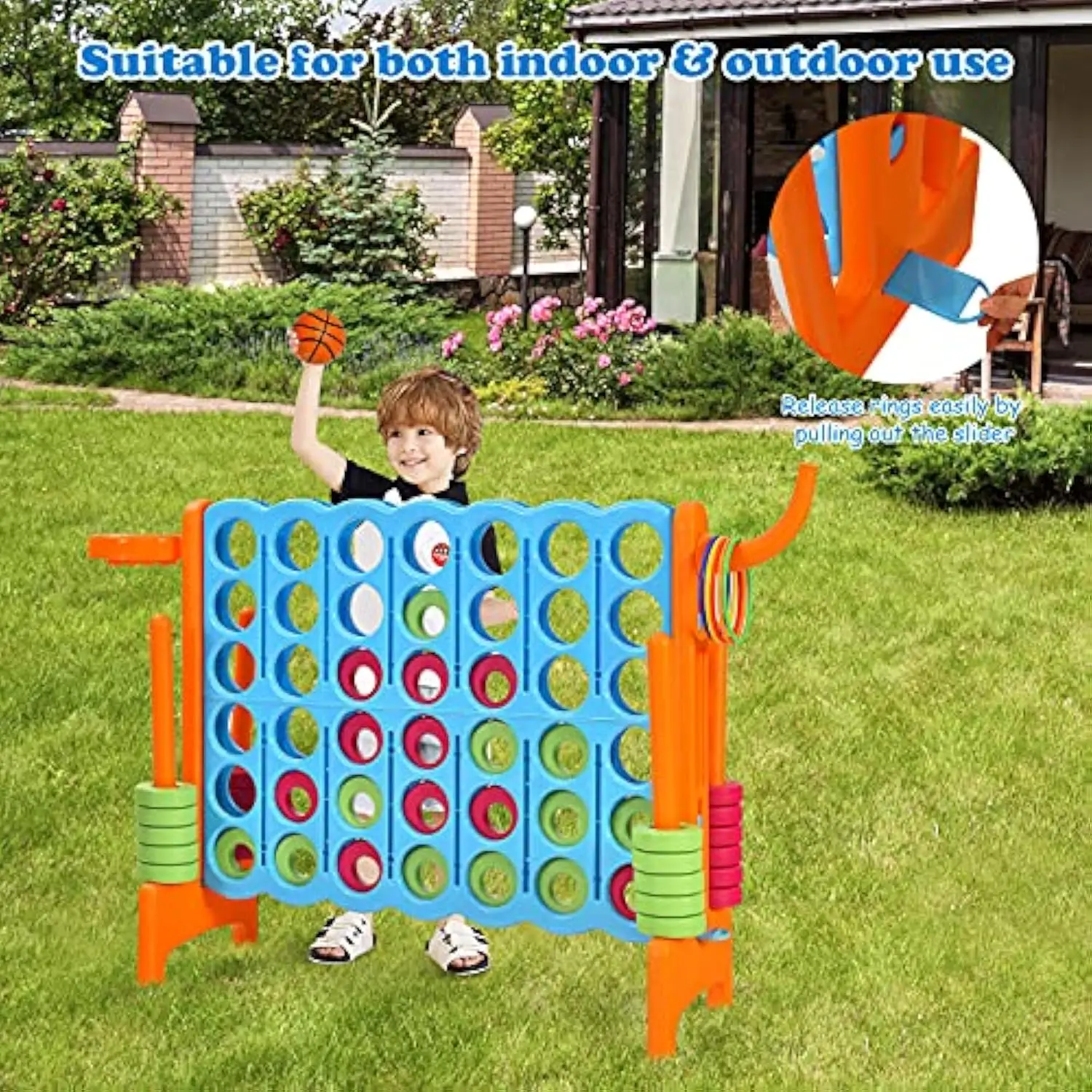 4-in-A-Row, Jumbo 4-to-Score Giant Game w/Basketball Hoop, Ring Toss, 42 Jumbo Rings without carrying bag Connect Game for Kids
