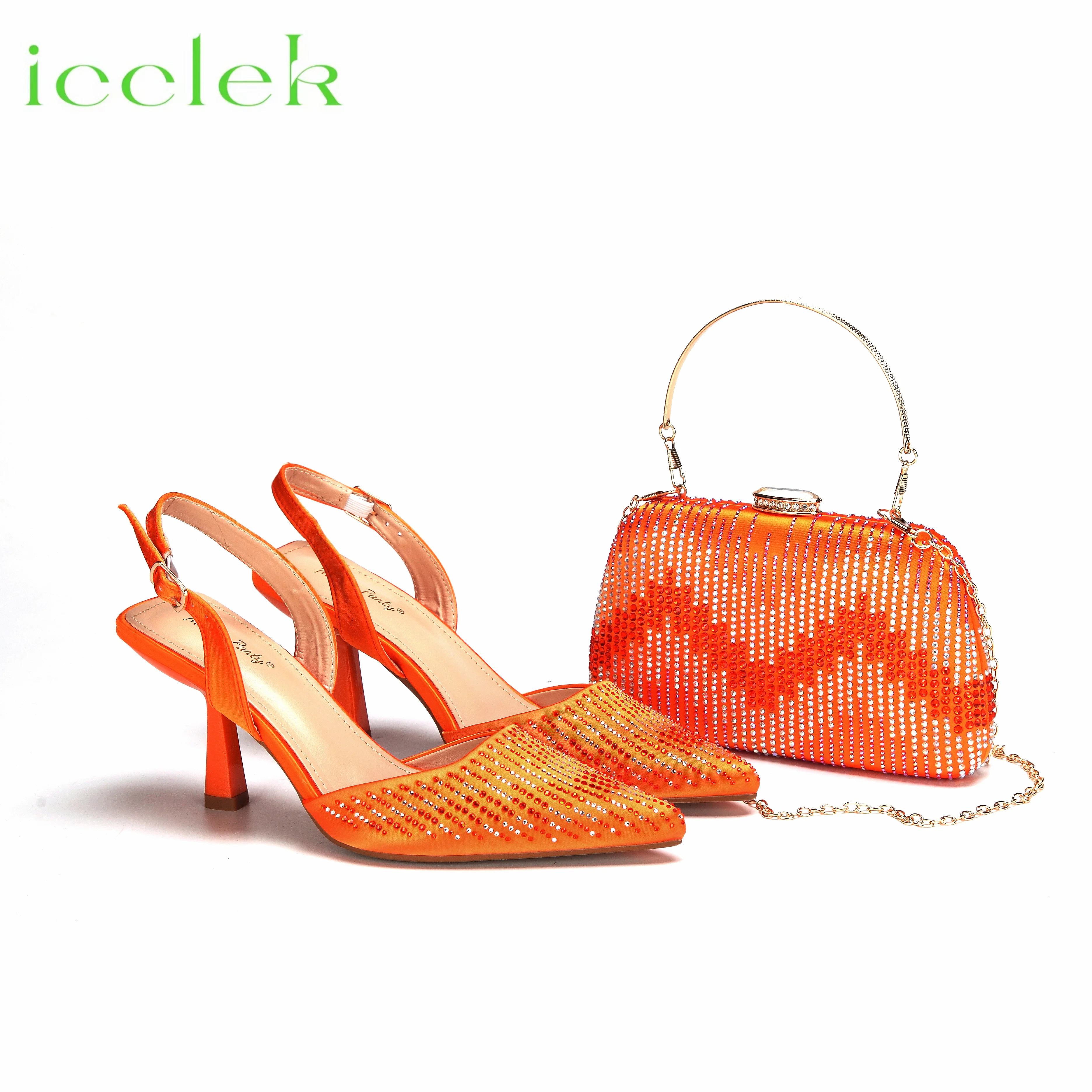 

Orange Color Pointed Toe Decorated with Bling Bling Rhinestones Design Ladies Shoes Matching Bag Set For Party