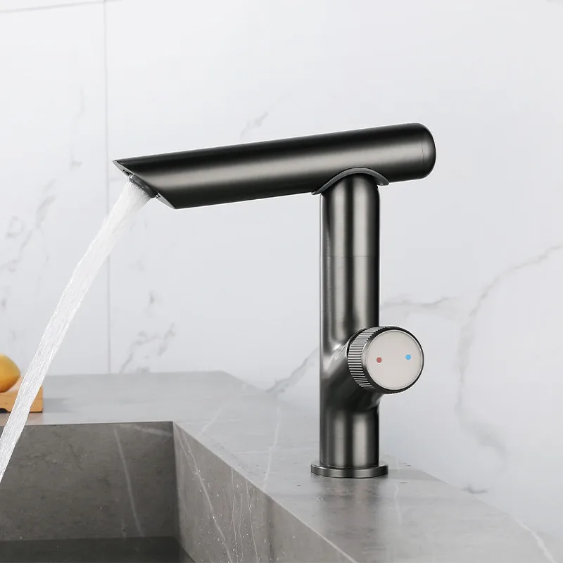 

New Arrival Gun Grey Basin Rotating Faucet Brass Bathroom Sink Mixer Taps Hot & Cold Single Round Handle Deck Mount Black/Chrome