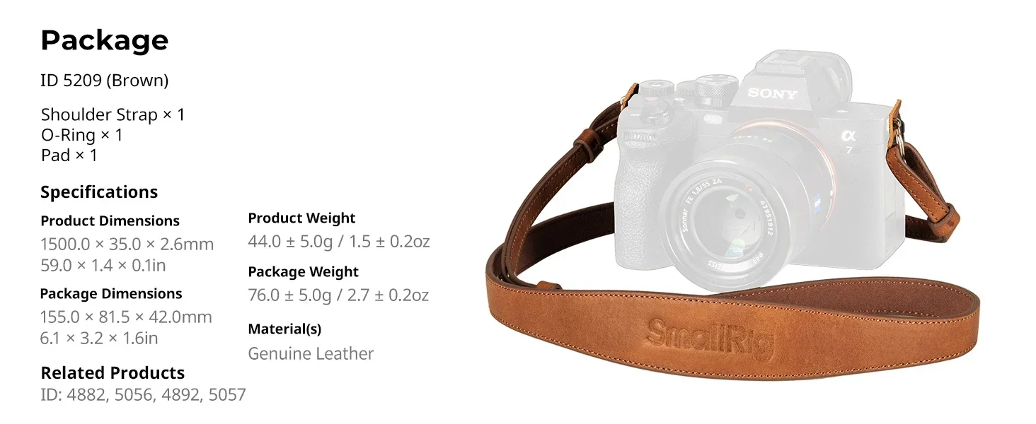 SmallRig Universal Leather Camera Leather Shoulder Strap Load 10kg 5208/5209 for