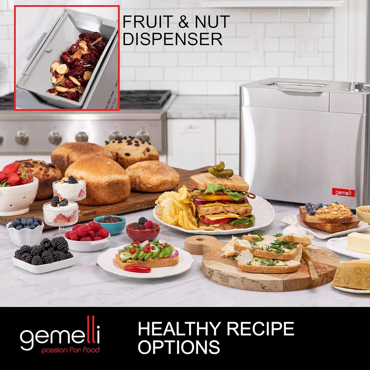 Home™ 2LB Artisan Bread Maker, Stainless Steel w/ 21 Functions, Ceramic Pan, Fruit/Nut Dispenser, 3 Loaf Sizes, 3 Shades, Gluten 4