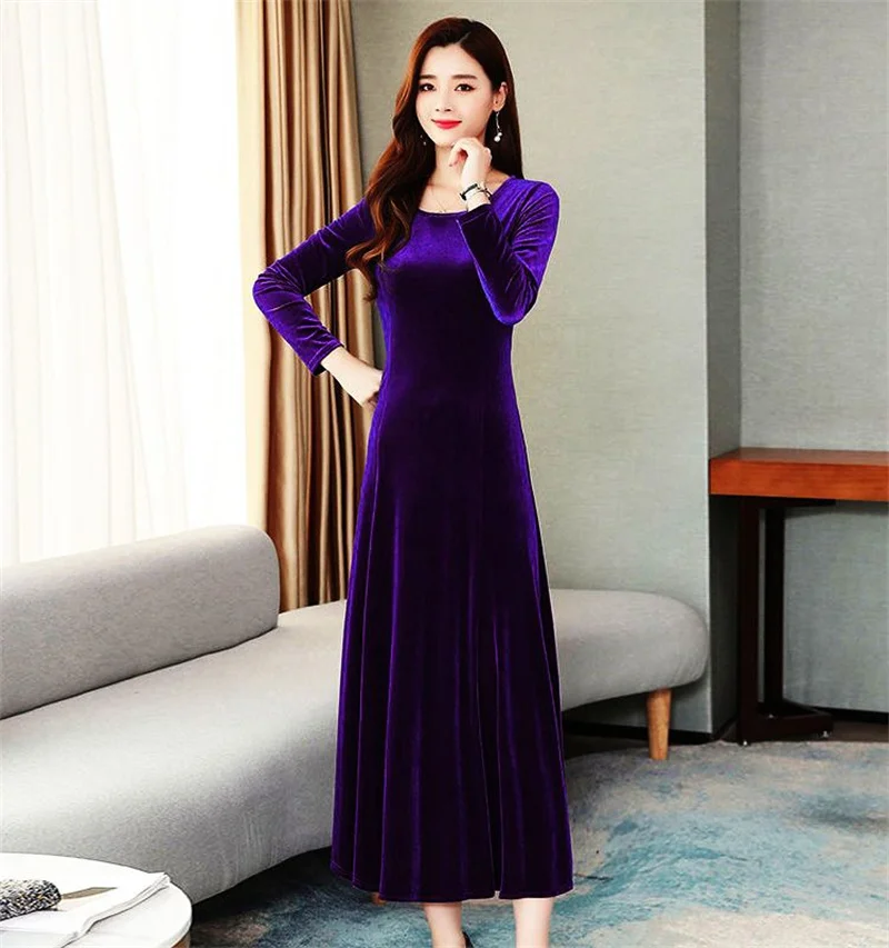 2023 Spring, Autumn, and Winter New Gold Velvet Dress Women Mid length Slim Fit Temperament Long Sleeve Autumn Dress Long Dress
