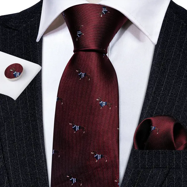 Red Burgundy Silk Cartoon Animal Men Tie Set