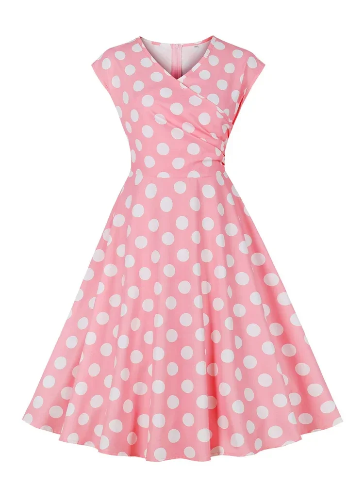 Hepburn Polka Dot Print 50s Vintage Dress Women High Waist V