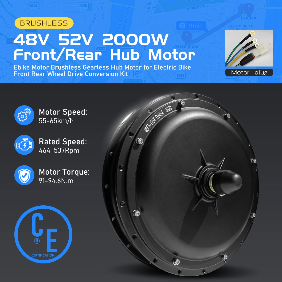 電動自転車用フロントおよびリアモーターホイール,48V, 52V, 2000W