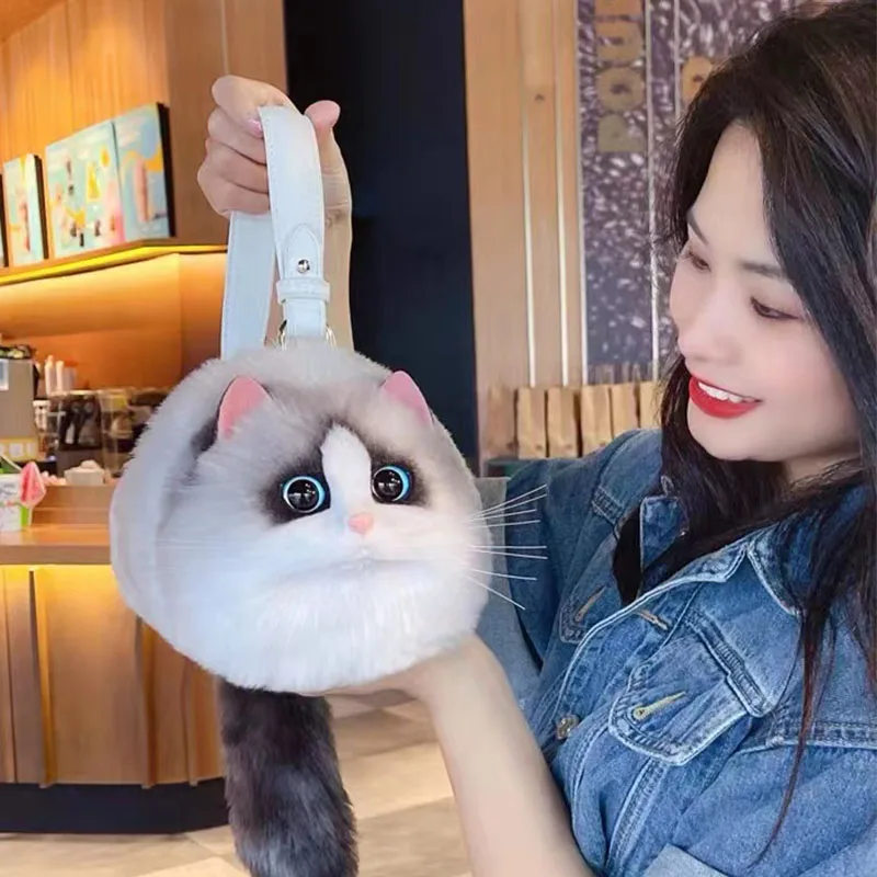 Plush Fashion Cute Cat Bag Plush Animal Crossbody Bag Women Fashion Winter Soft Cartoon Handbag Super Simulation Animal Pet Bag