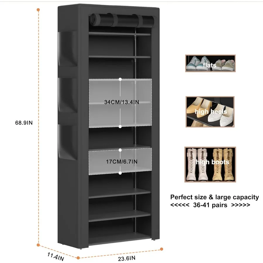 Large Shoe Rack Black 6 Side Pockets 23.6 Wide x 11.4 Deep x 68.9 Tall 3641 Pairs of Shoes