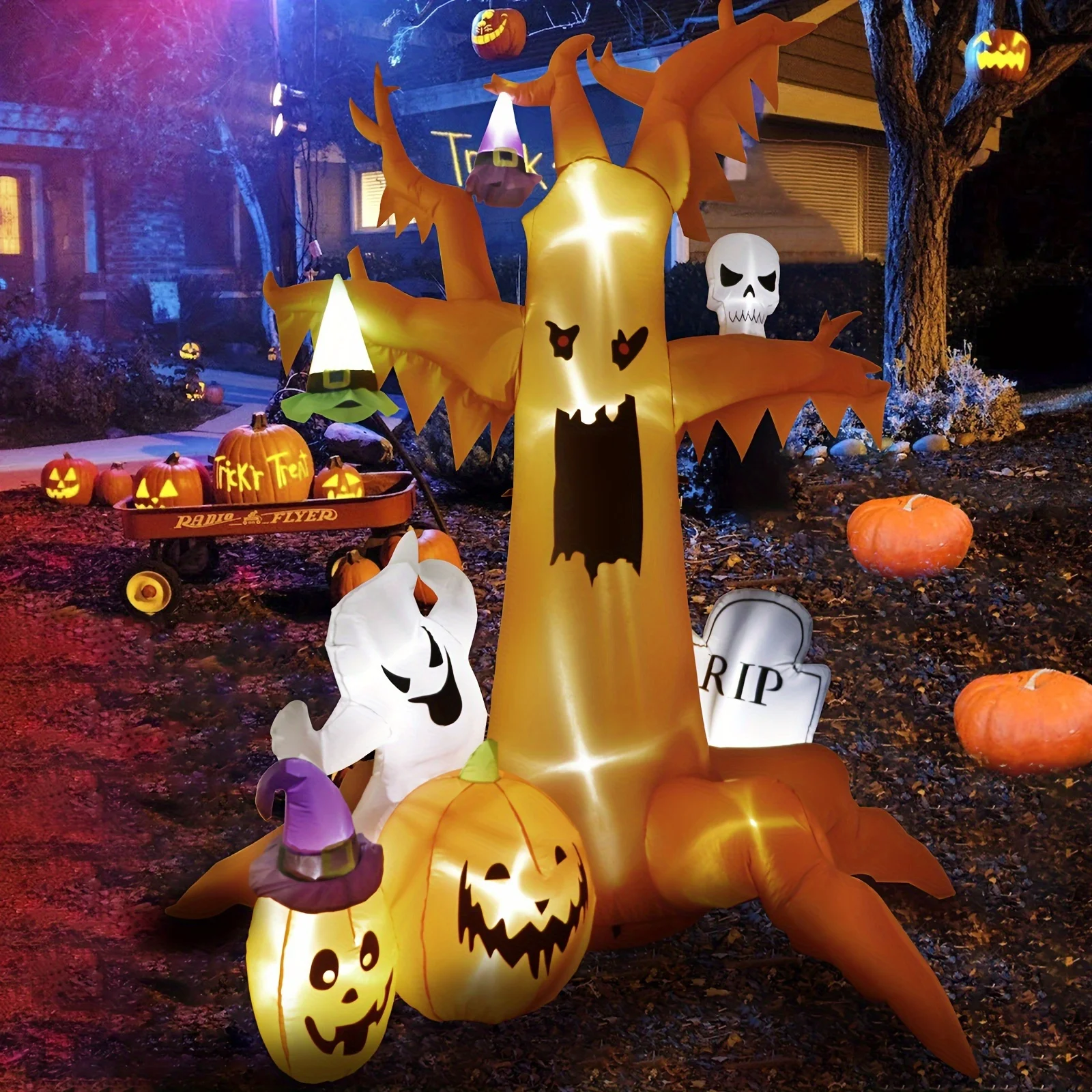 

1pc, 8FT Scary Halloween Inflatable Dead Tree With Ghost Pumpkins Tombstone, Blow Up Inflatable Halloween Decor With Built-in LE