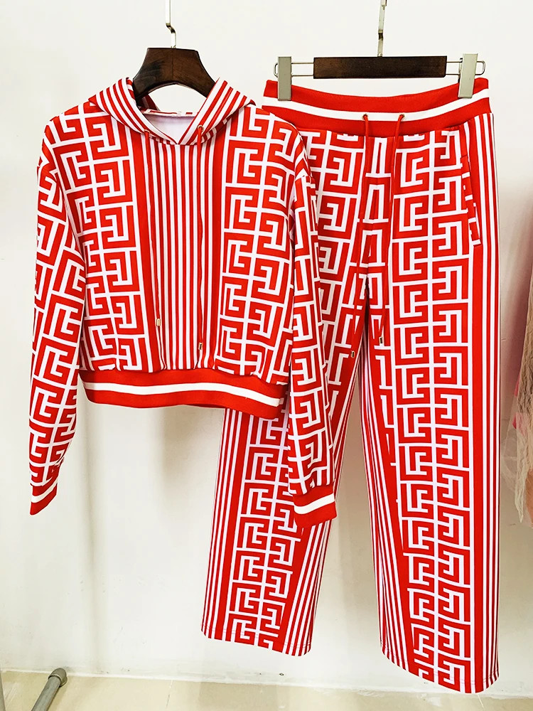 

HIGH STREET Newest 2024 Designer Runway Fashion Women's Monogram Printed Hooded Sweatshirt Pants Set Two Pieces