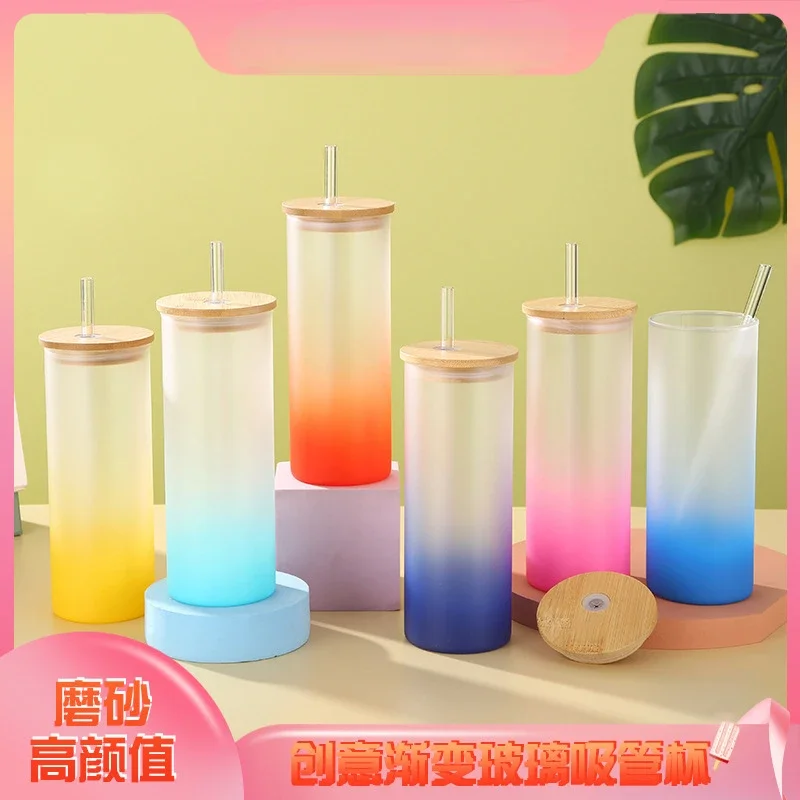 Sublimation Blank Straight Glass Tumbler Gradient Color 17oz Coffee Mug Juice Beer Wine Tumblers Frosted Cup with Bamboo Lid