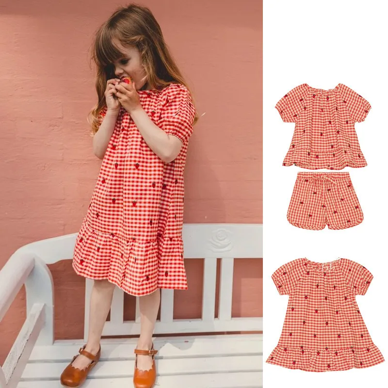 

23 Summer New Girl Plaid Flowers Full Embroidered Strawberry Crew Neck Short Sleeve Top Shorts Dress