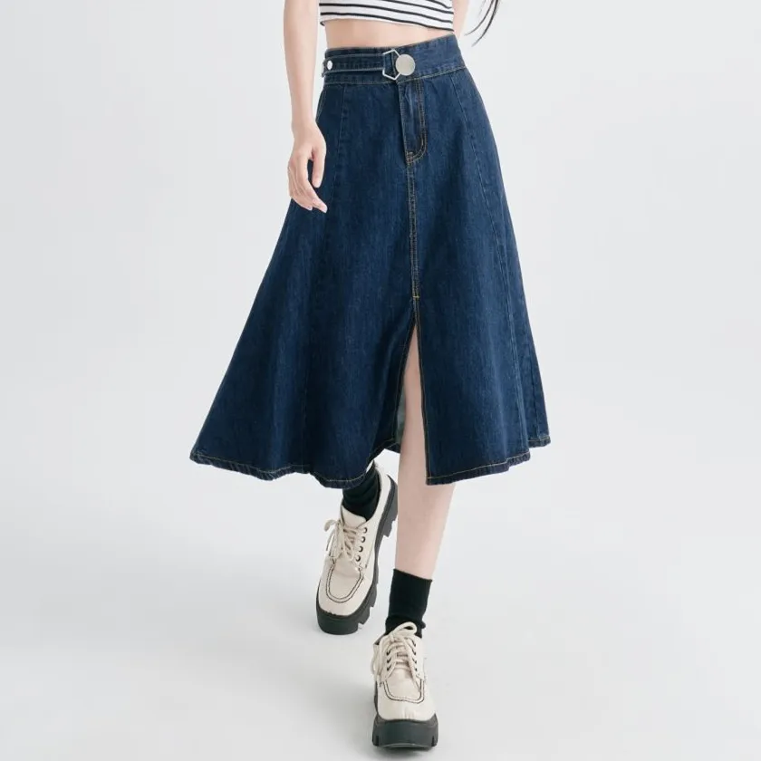 

2023 Summer Split Denim Skirts For Women High Waist Mid-long Jeans A-line Skirt Female Jupe Casual Bottoms 7718