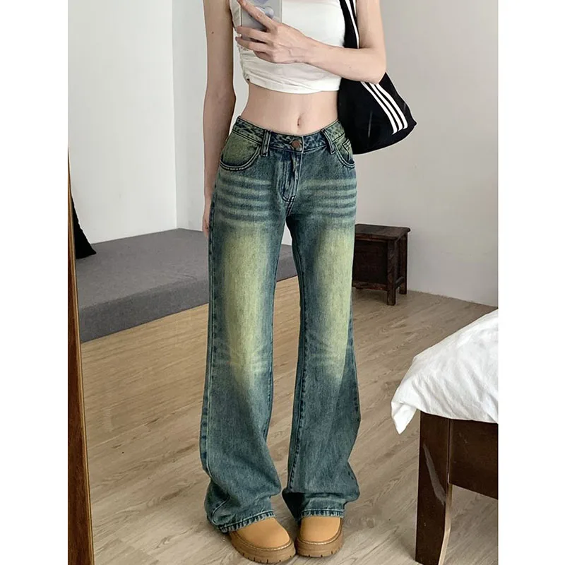 Xpqbb 여성용 빈티지 청바지, 하이 웨이스트 그런지 Y2K 90S 스트리트웨어, 카우보이 바지, 여성용 배기 스트레이트 워싱 데님 바지