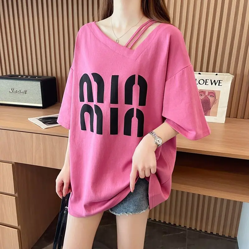 

Модная женская одежда с разрезами и косым воротником, модель 2024 года, летние новые свободные корейские топы, Повседневная футболка