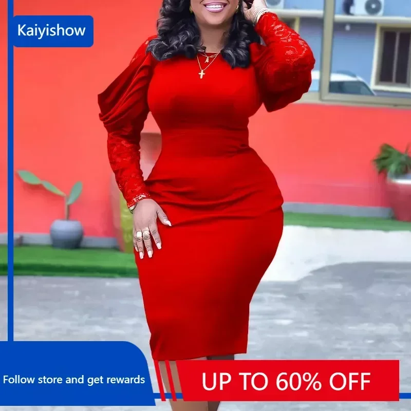 

Осеннее элегантное офисное платье-карандаш, женское кружевное однотонное облегающее модное Деловое платье с круглым вырезом и длинным рукавом для женщин