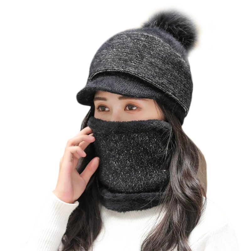 새로운 스타일 여성 겨울 2Pcs 세트 바이저 비니 모자 스카프 니트 플러시 줄 지어 Skullies 야구 모자 Windproof 목
