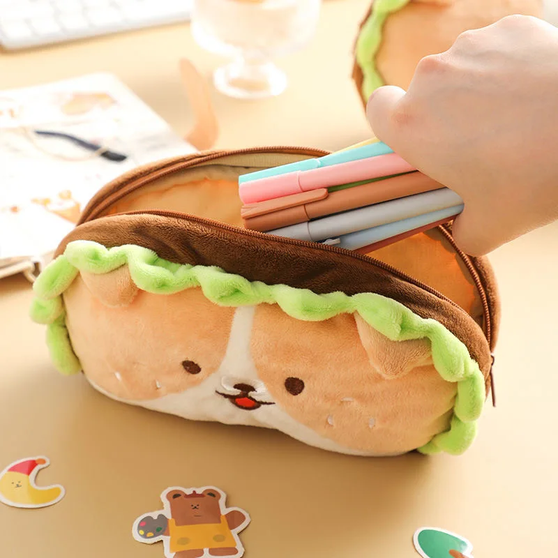 Kawaii Plush Hamburger Dog Pencil Case Student Stationery Pen Bag Cute Large Capacity Storage Bag School Supplies Cute Bag пенал 5