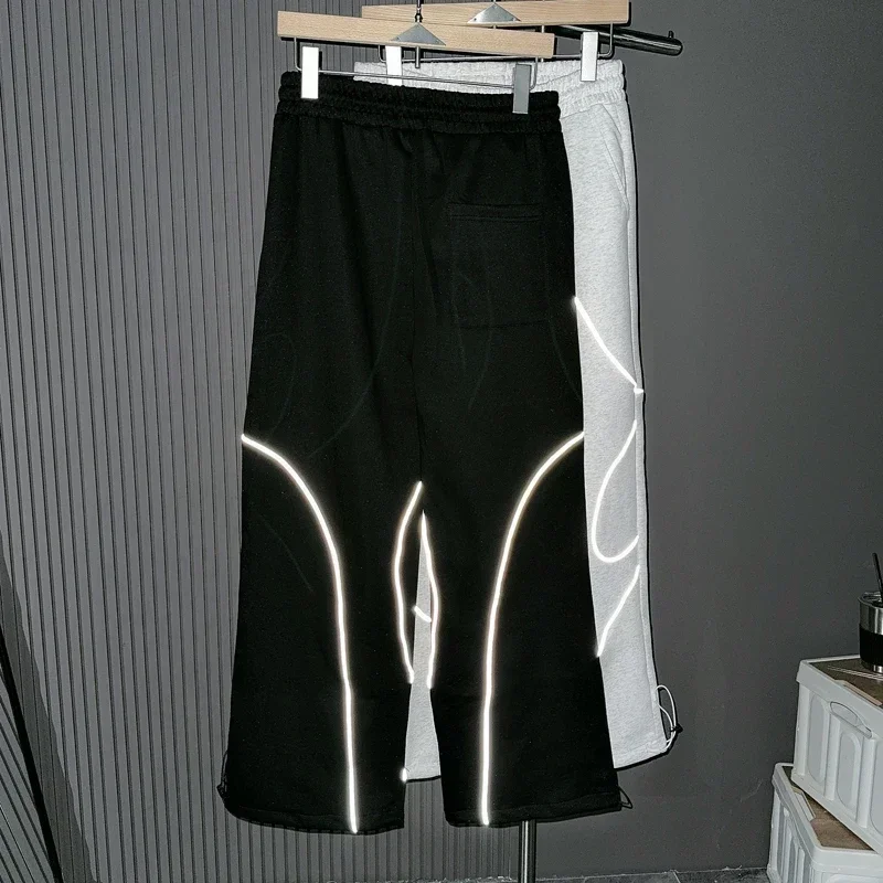 Night Club Reflective Strip Straight Loose Pants Men Women Drawstring Stretch Waist Ankle Binding Pants Four Seasons Sweatpants 3