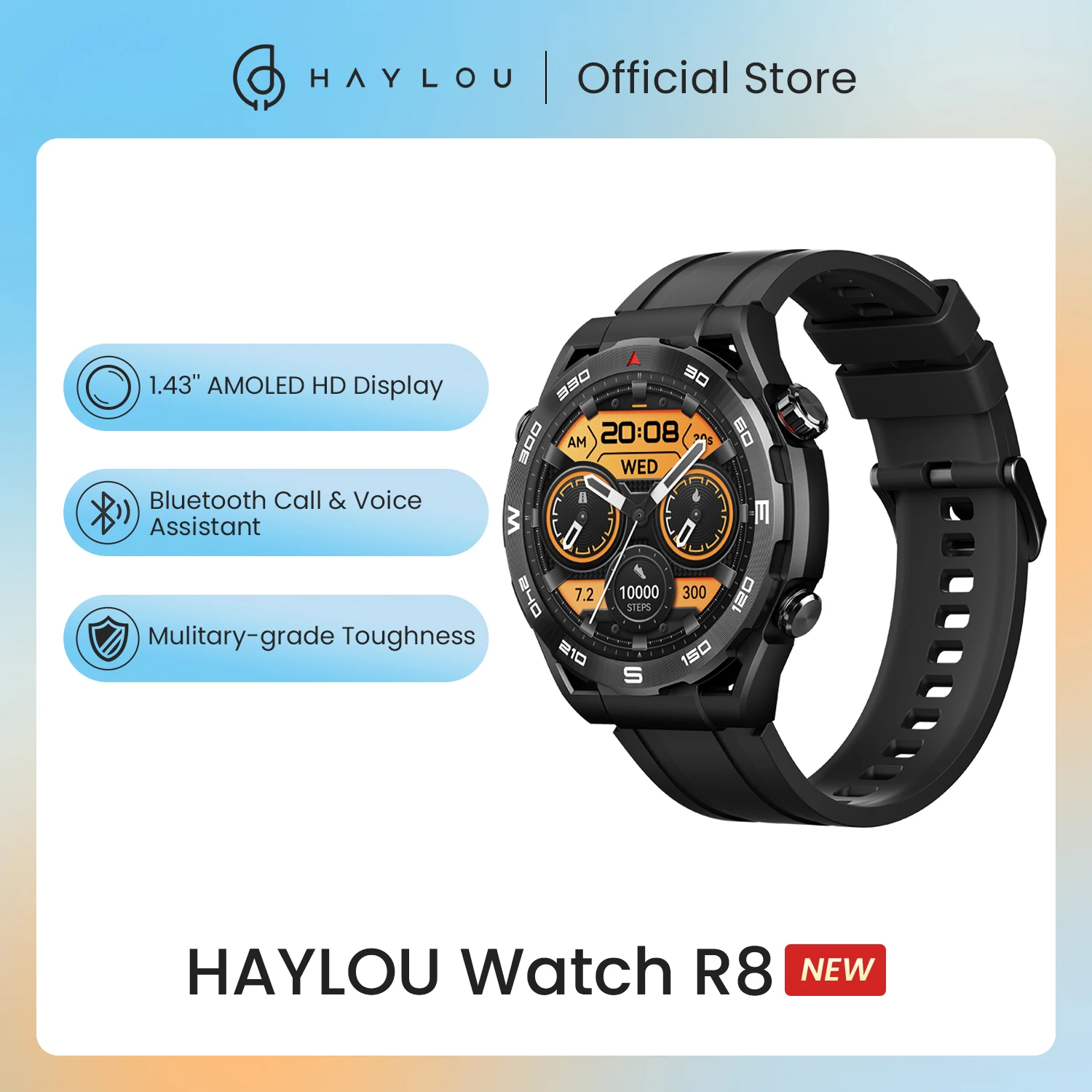 HAYLOU-Montre intelligente R8, écran HD AMOLED, appel Bluetooth et assistant vocal, résistance de qualité multiple, 1.43