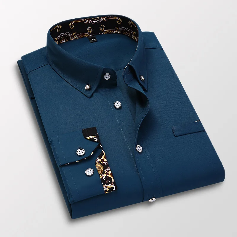 Male Black Business Slim Fit Shirts Fashion Shirts For Men Autumn Long Sleeve Print Patchwork White Formal Tops Clothing MY633