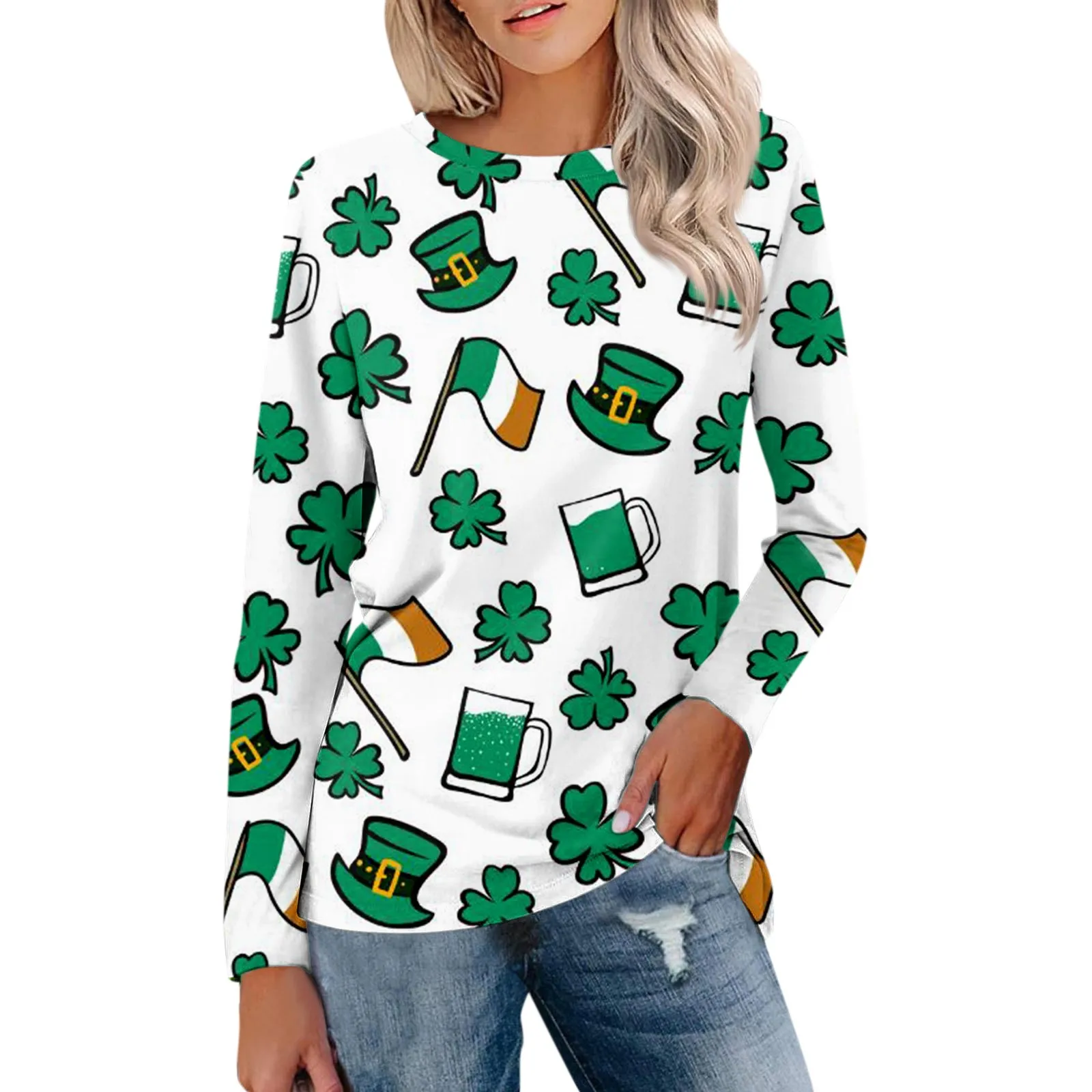 

Women's Fashion-Forward Casual Long Sleeve Saint Patrick’S Day Print Round Neck Pullover Top Blouse Eye-Catching Personalized