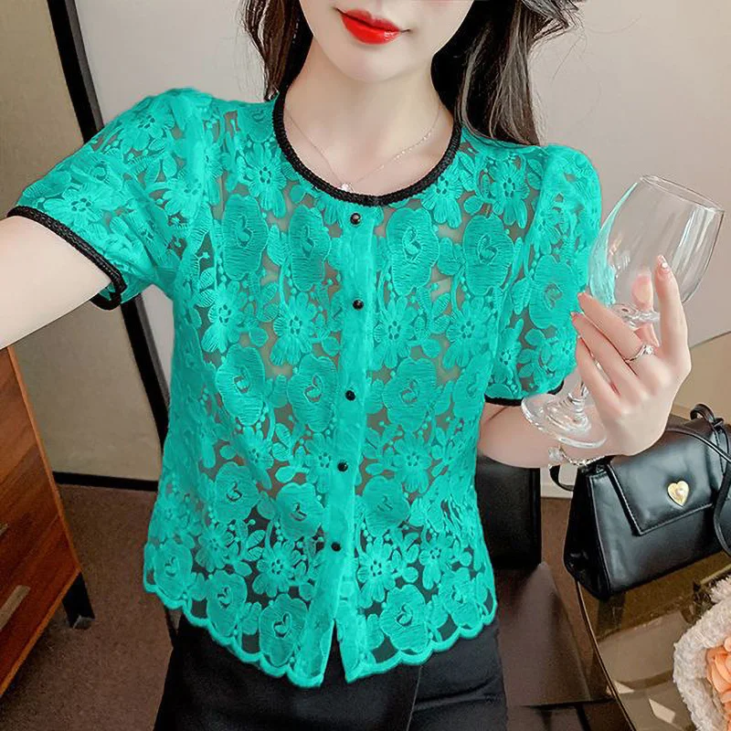 Sweet O-Neck Button Lace Hollow Out Shirt Female Clothing 2024 Summer New All-match Chic Tops Office Lady Blouse