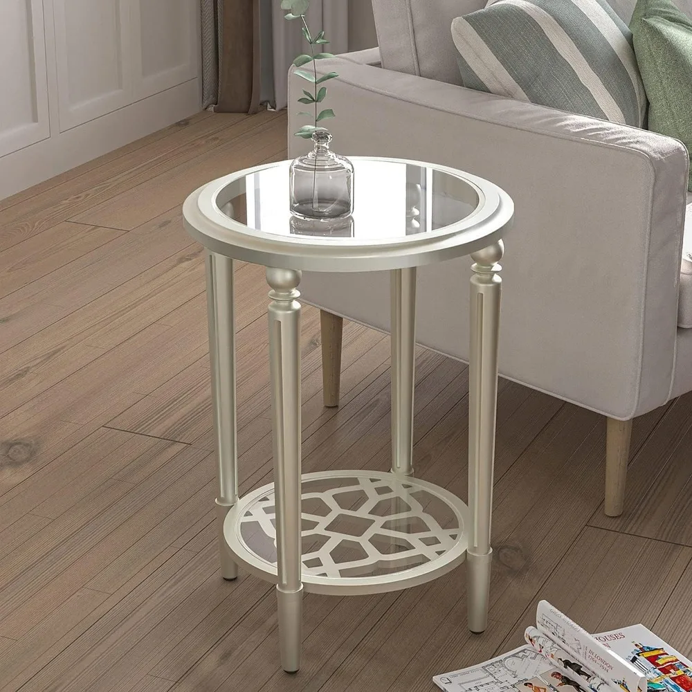 Round Coffee Table, MDF Sofa Table with Storage Open Shelf, Double-Tempered Glass Living Room Table, End Table for Livin 6