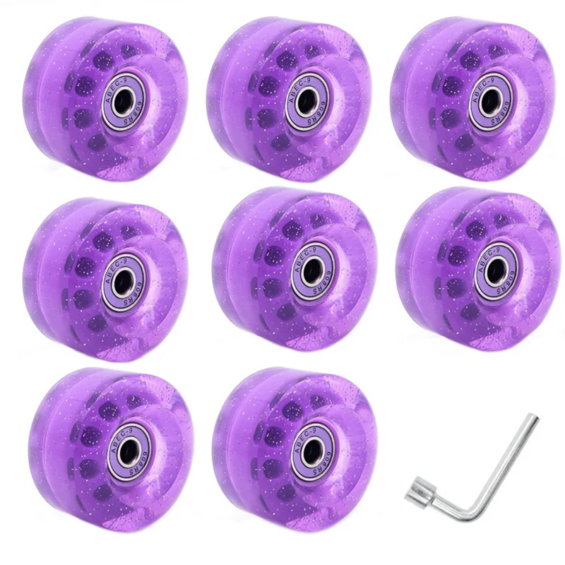 

8-Piece 32 X 58Mm 82A Roller Skates with Bearings, for Indoor or Outdoor Use, with Wrench for Wheel Removal Purple