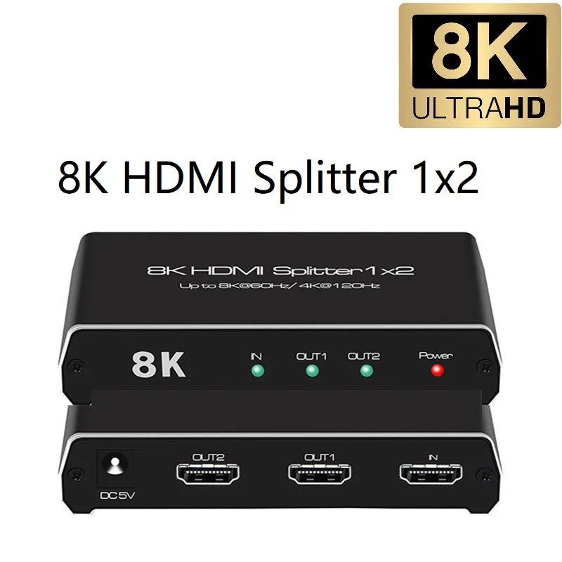 

8K 60Hz HDMI Splitter 1 In 2 Out 4K 120Hz HDMI 2.1 Selector 1x2 Dolby Vision Atmos ALLM HDR UHD VRR HLG for PS5 XBOX PC Monitor