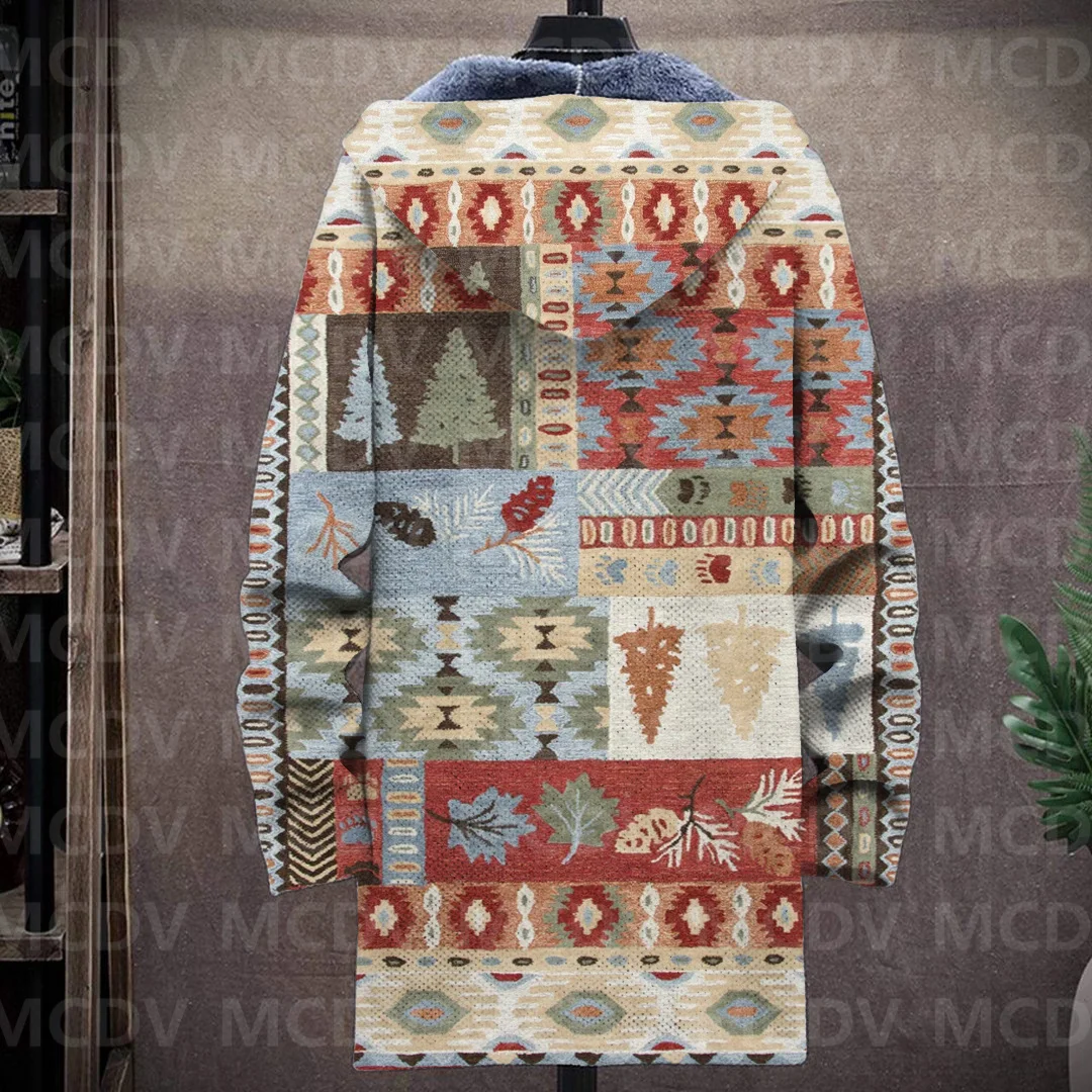 Men's Retro Pattern Print Plush Thick Long-Sleeved Coat Fleece Hooded Overcoat Unisex Thick Warm Jacket