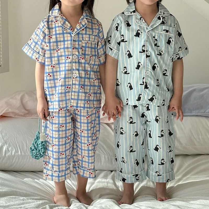 Children's Pajamas Summer 1-8Y Home Clothing Set Thin Pure Cotton Boys Lapel Top Pants 2Pcs Suit Girls Cartoon Printed Sleepwear