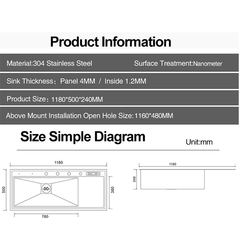 ASRAS Nanometer Kitchen Sink Handmade Sink 4mm Thickness 240mm Depth Large Size Single Kitchen With Drain Plate Sinks