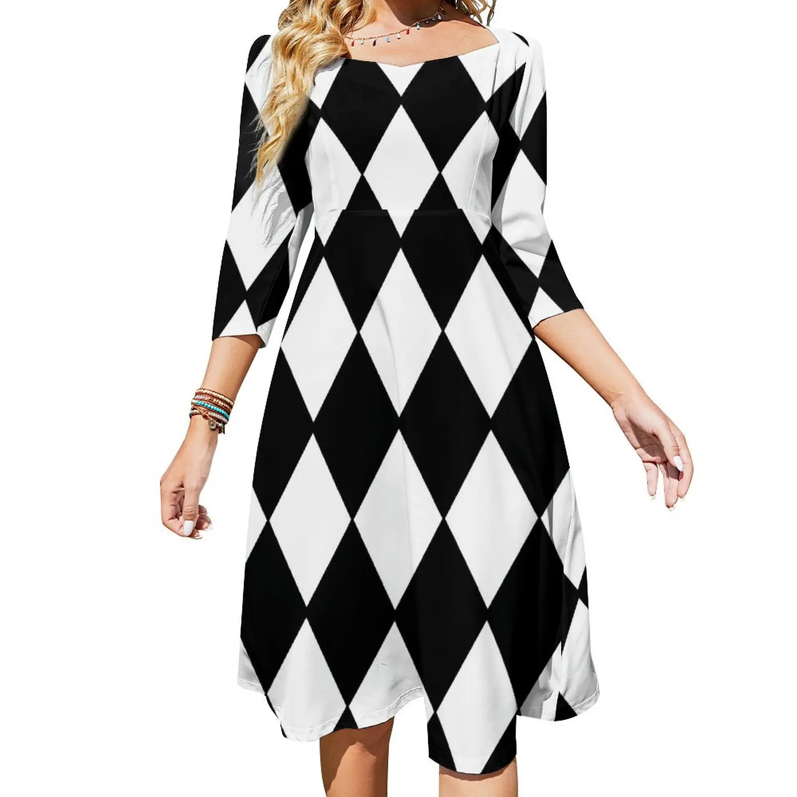 

Check Print Dress Summer Black and White Contrast Elegant Dresses Woman Three Quarter Streetwear Graphic Oversize Casual Dress