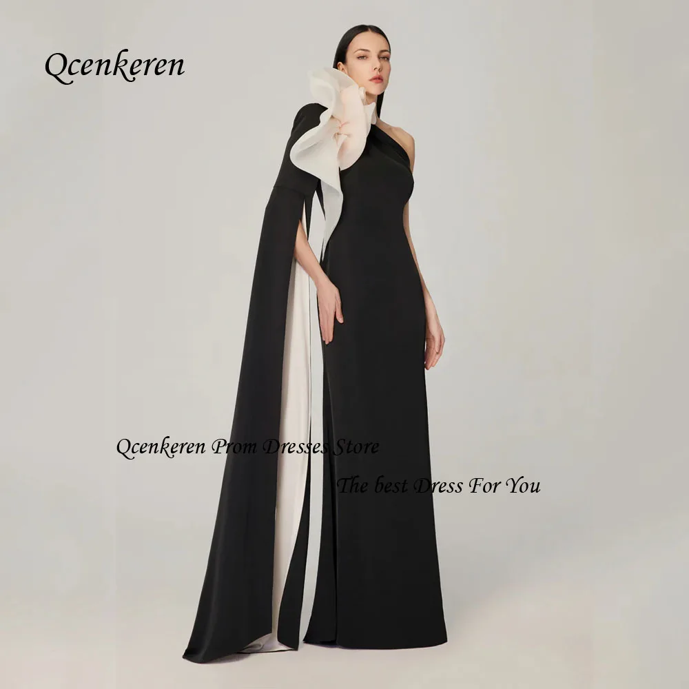 

Qcenkern Black One-Shoulder Prom Gown Slim Backless Crepe Mermaid Evening Gown Floor-Length Flower Short Sleeve Party Dubai Gown
