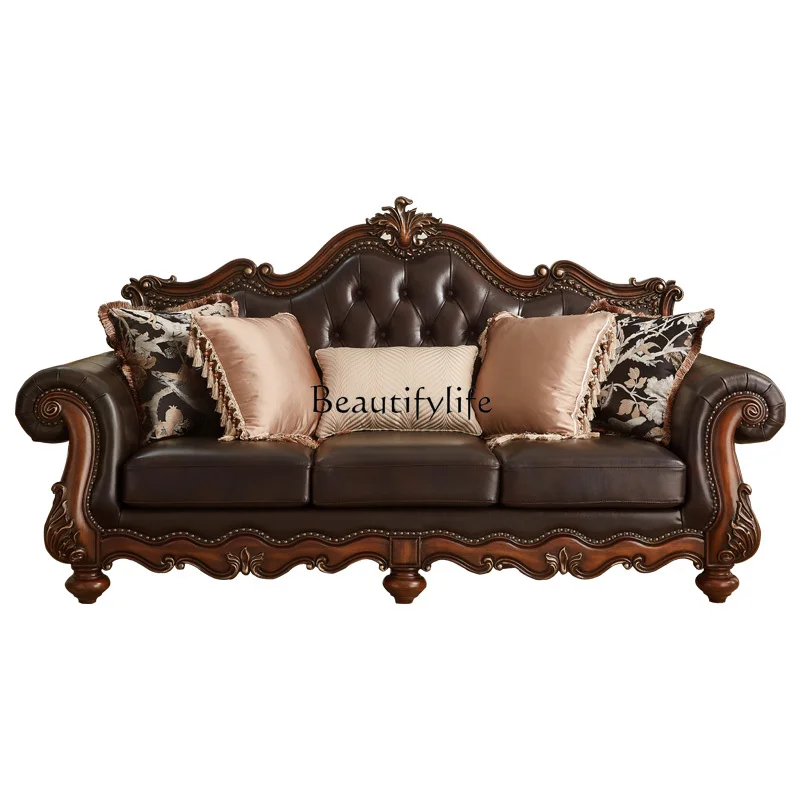 

American-Style Solid Wood Luxury Leather Sofa Retro Leather European-Style Villa Sofa Combination