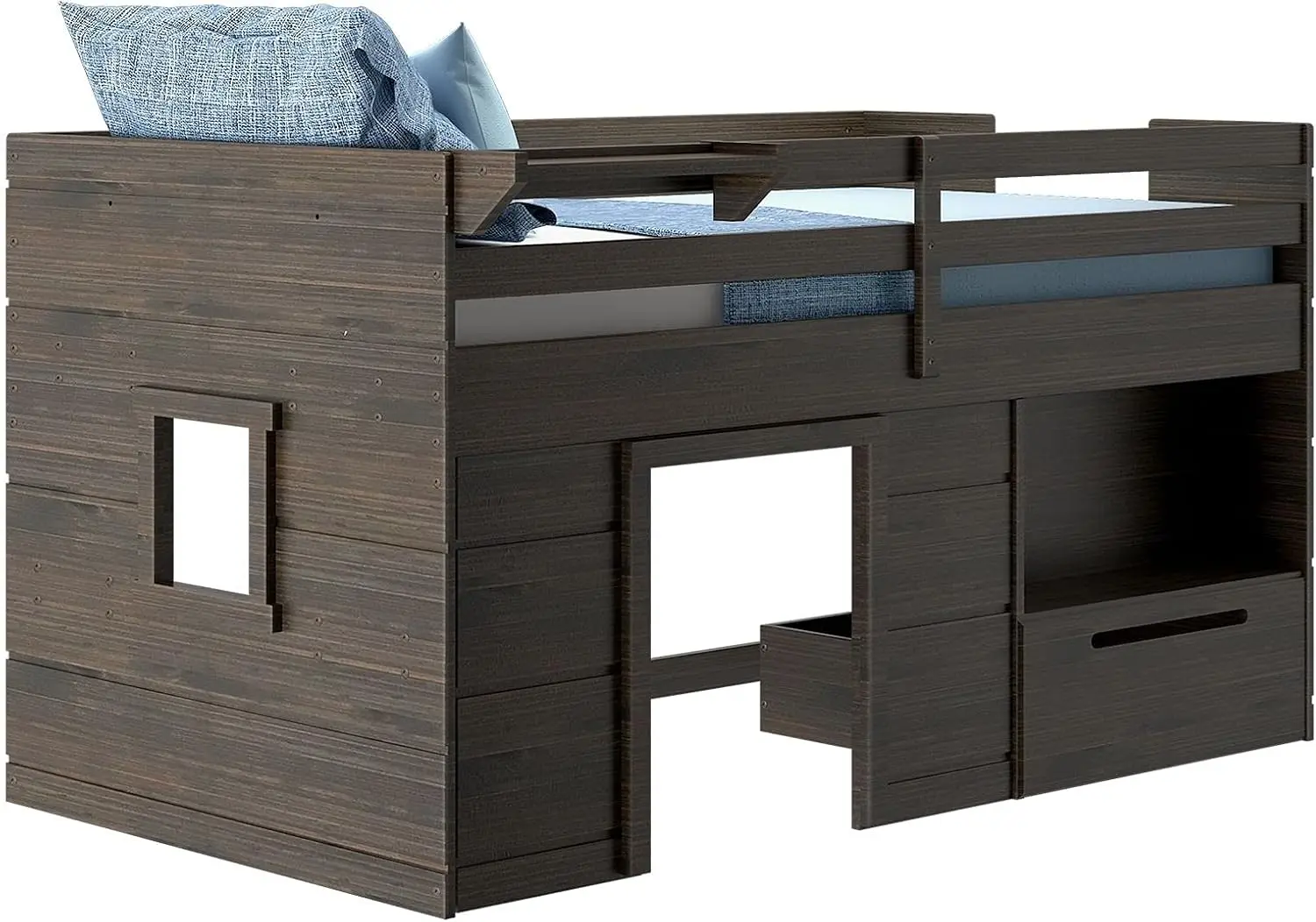 Max & Lily Loft Bed Twin Solid Wood Storage Drawer Ladder Modern Farmhouse Kids Barnwood Brown Children Toddler