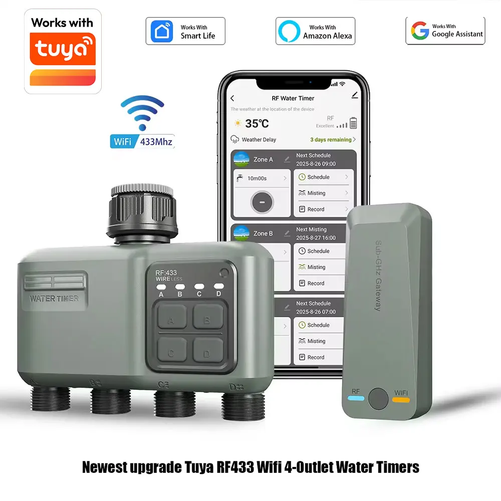 WLAN RF433 Smart Garten-Bewässerungstimer mit 4 Ausgängen, Regenverzögerung, Filter, programmierbarer automatischer Bewässerungscontroller für Tuya