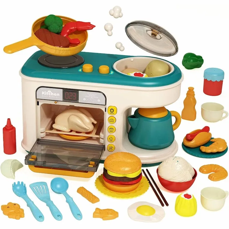 Unisex Microwave Play Preschool Kitchen Accessories Teapots Toys for Kids Cooking Oven Pretend Game with Music Light