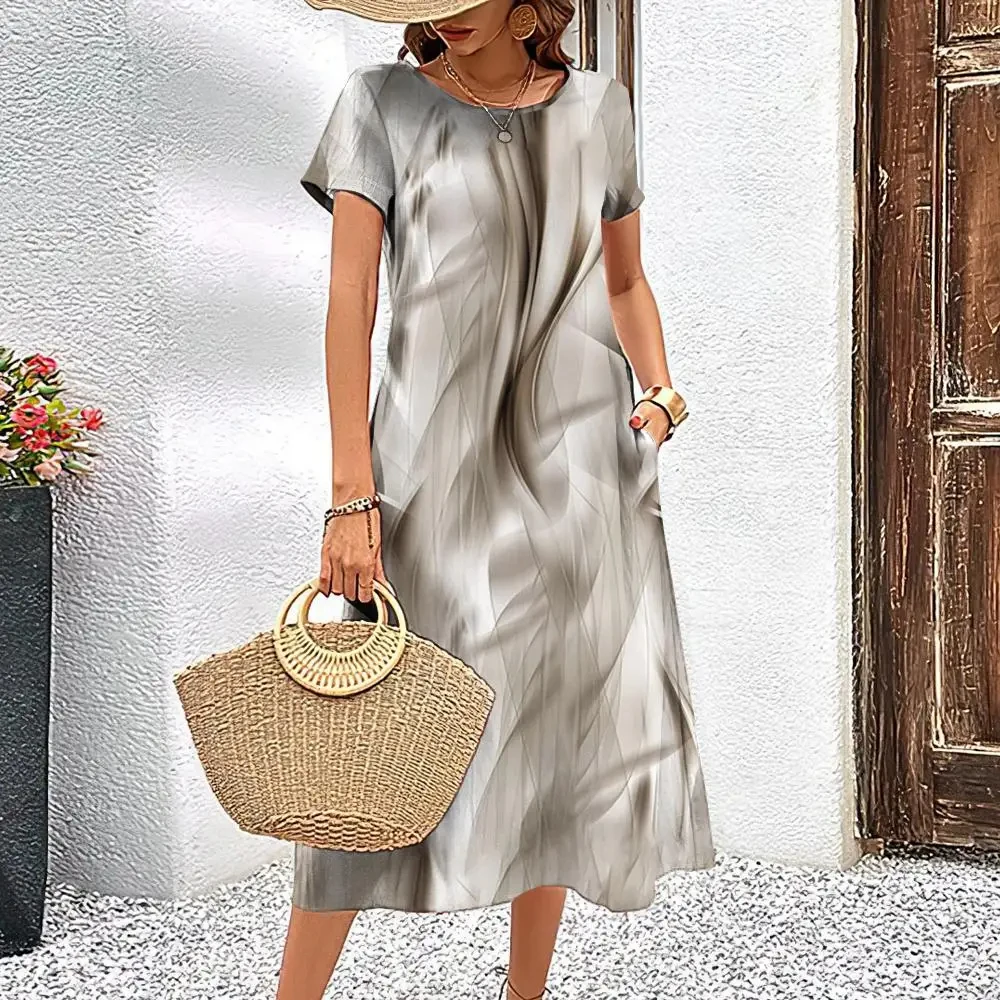 thumbnail image 1 of Vestido elegante de verano para mujer, de manga corta, con estampado de rayas, falda holgada de corte A, cuello redondo informal, 1 of 2