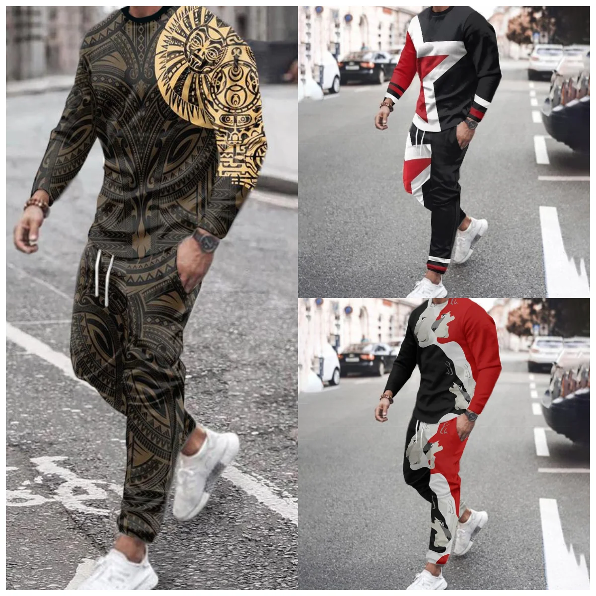 2022 Men's Long Sleeve Suits Blouse Drawstring Trousers Sportswear Two-piece Casual Tracksuit with 3D Printed O-Neck Tracksuit