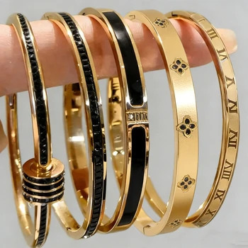 ZAKOL New 5/1pcs Black Zircon Inlay Series Stainless Steel Bracelets for Women Men Fashion versatile Stacking Jewelry Gift 1