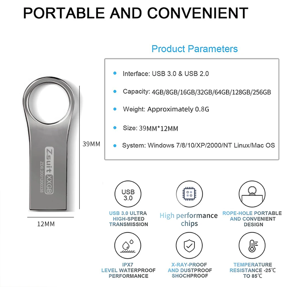 Zsuit 커스텀 로고 메탈 펜드라이브, USB 플래시 드라이브, 스토리지 스틱 선물, 메모리 키, 방수 U 디스크, 128GB, 4GB, 8GB, 16GB, 로트당 10 개