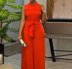 Diligent Girls Are Hot Selling Casual Lapel Pockets, Waist Up, Loose Wide Leg Sleeveless Jumpsuit