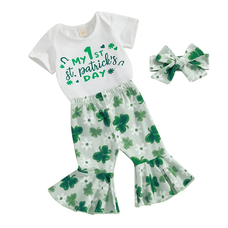 Baby Girl Ireland Festival Outfits Letter Print Short Sleeve Rompers Shamrock Flower Print Flare Pants Headband 3Pcs Clothes Set