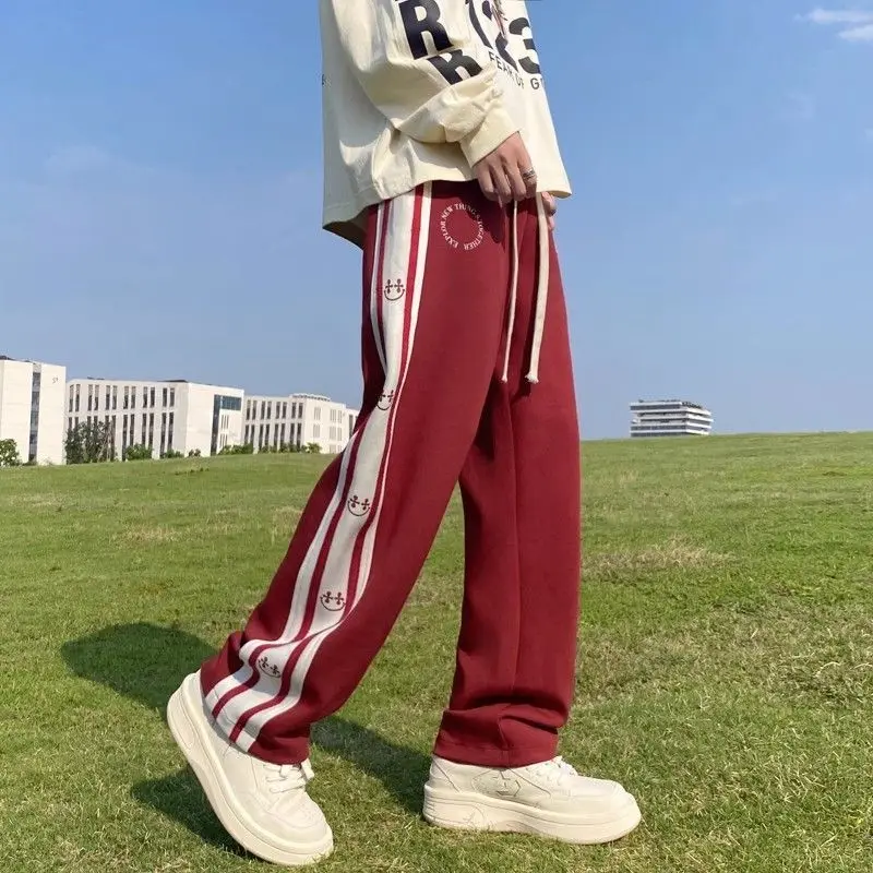 American Vintage Patchwork Contrasting Sports Pants Men's Autumn Print Drawstring Trend Versatile Loose Straight Casual Trousers