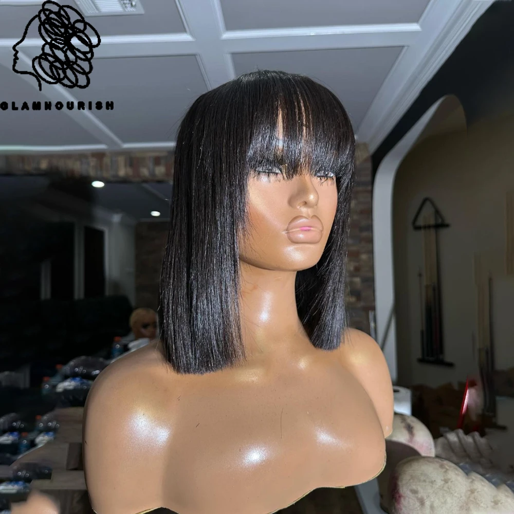 

Парик прямой с челкой, Короткие парики боб для черных женщин, бразильские парики из натуральных волос, парики без клея из человеческих волос машинной работы с челкой