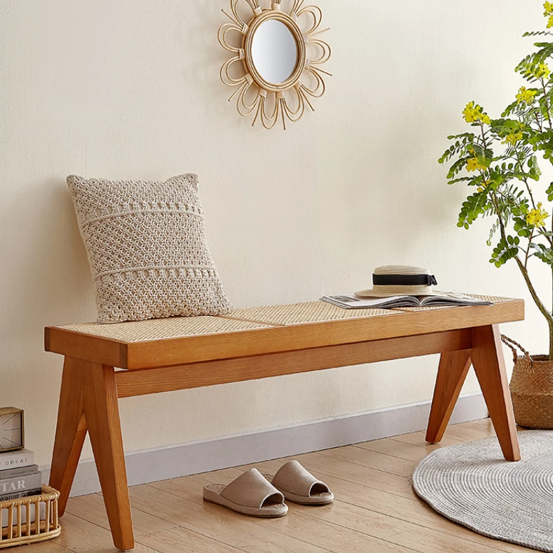 

Retro Rattan Solid Wood Bench Dining Chair Dining Table Bench Bedside Bedroom