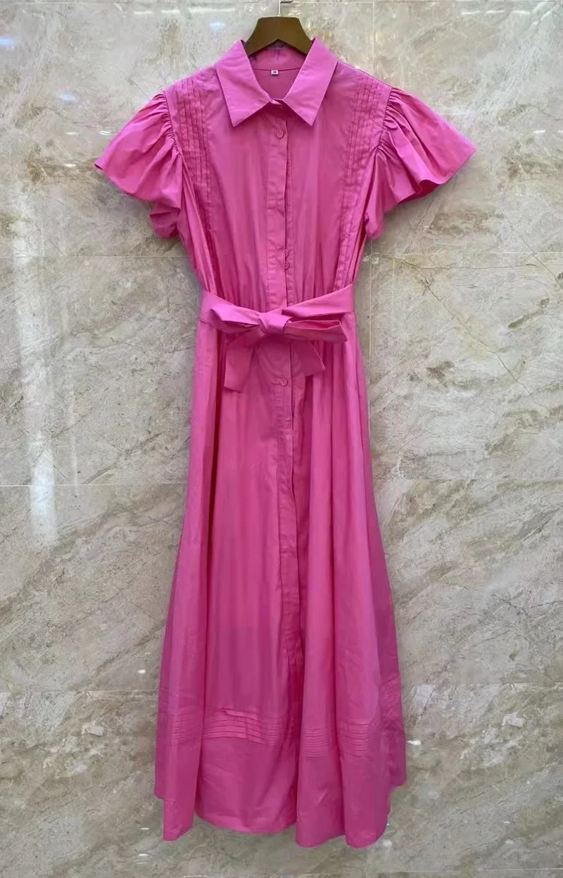 

New 2023 Summer Fashion White Pink Purple Green Dress Ladies Turn-down Collar Belted Short Sleeve Casual Long Maxi Dress Boho